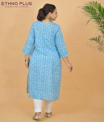 Turquoise Blue Printed Premium 100% Cotton Kurti