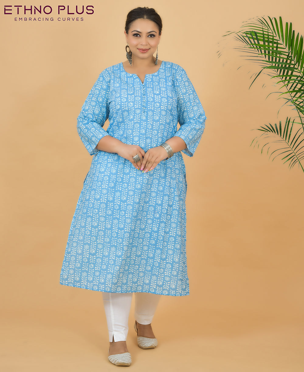 Turquoise Blue Printed Premium 100% Cotton Kurti