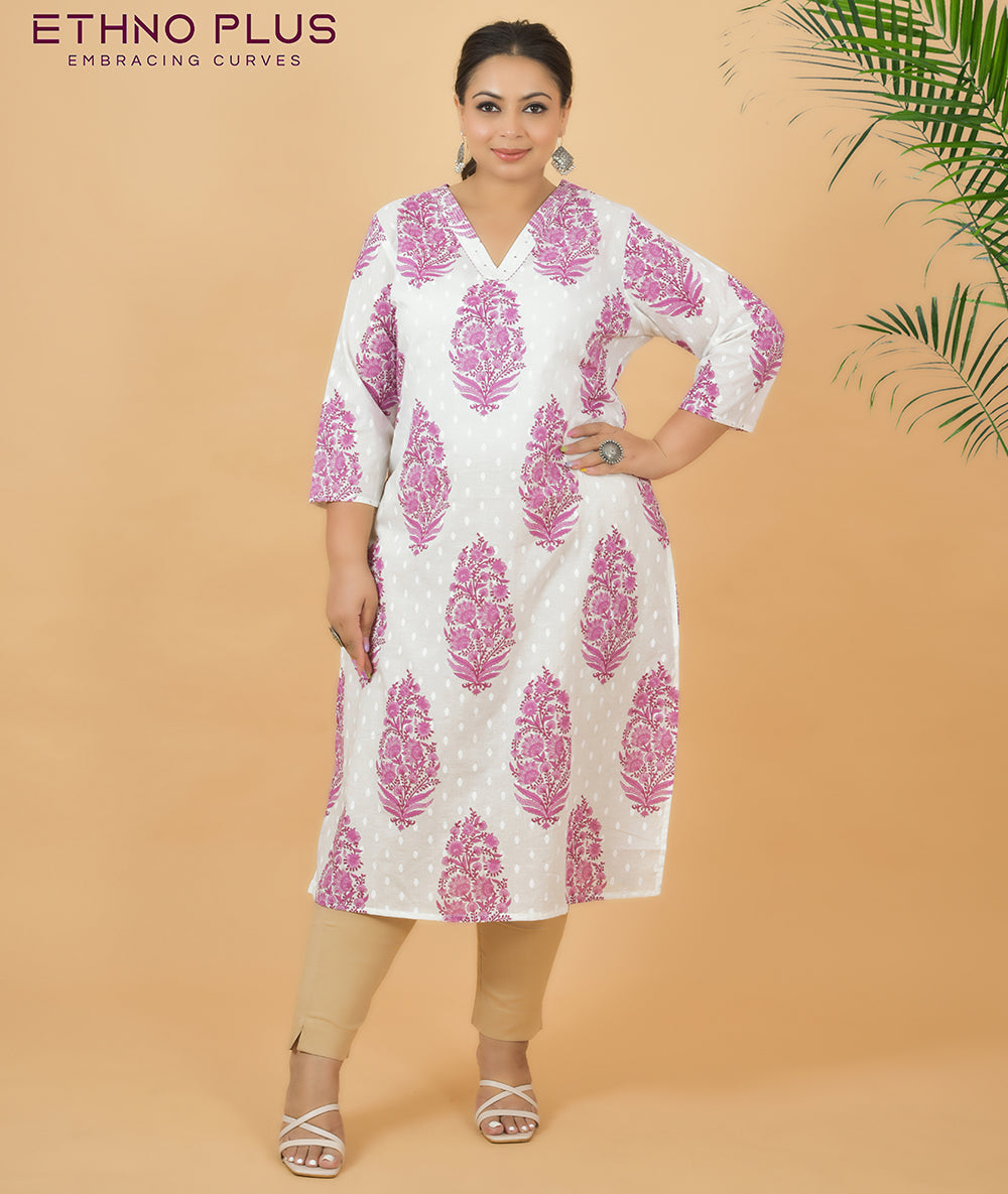 Pearl White Printed Premium 100% Cotton Kurti