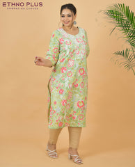 Thread Embroidered Light Green Pure Cotton Kurti