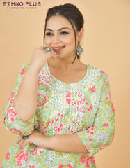 Thread Embroidered Light Green Pure Cotton Kurti