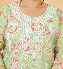 Thread Embroidered Light Green Pure Cotton Kurti