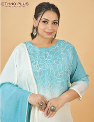 Ombre Turquoise Blue Thread Hand Embroidered Premium Suit Set