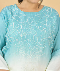 Ombre Turquoise Blue Thread Hand Embroidered Premium Suit Set