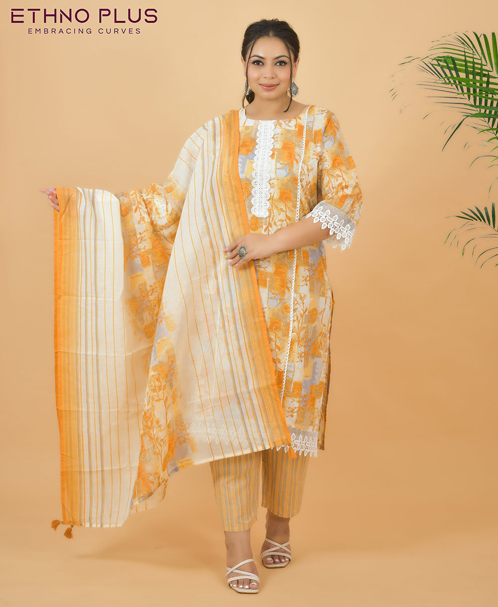 Diona Mustard Crocia Work Pure Cotton Suit Set