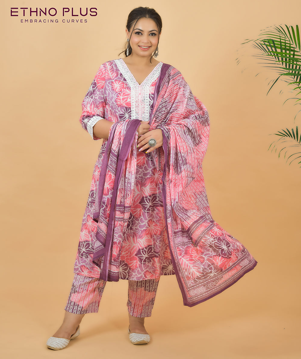 Rosy lavender Crocia Work Pure Cotton Suit Set .